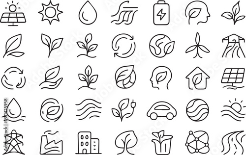 Comprehensive Line Icons Set for Renewable Energy, Ecology, and Sustainable Futuret