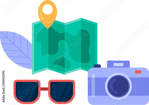Planning an exciting journey with essential travel accessories like a detailed map, classic camera, and stylish sunglasses for memorable adventures and exploration