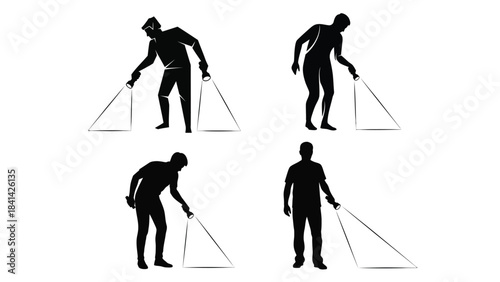 Four silhouettes of people using a metal detector for treasure hunting or security screening