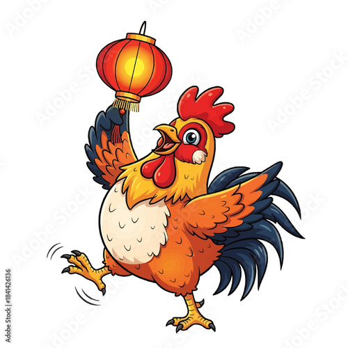 A cartoon rooster holding a lantern isolated on a transparent background