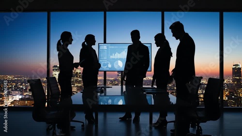 Business meeting in a modern office with city view at sunset.