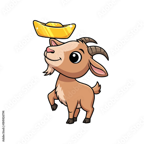 A charming illustration of a goat with a gold ingot isolated on a transparent background