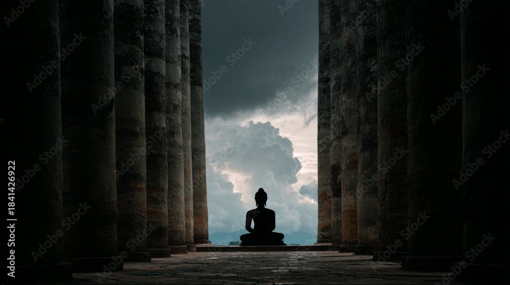 Fototapeta premium Serene Buddha Statue Silhouette Amidst Ancient Pillars with Dramatic Cloudy Sky in Background Capturing Peace and Tranquility in a Historic Setting