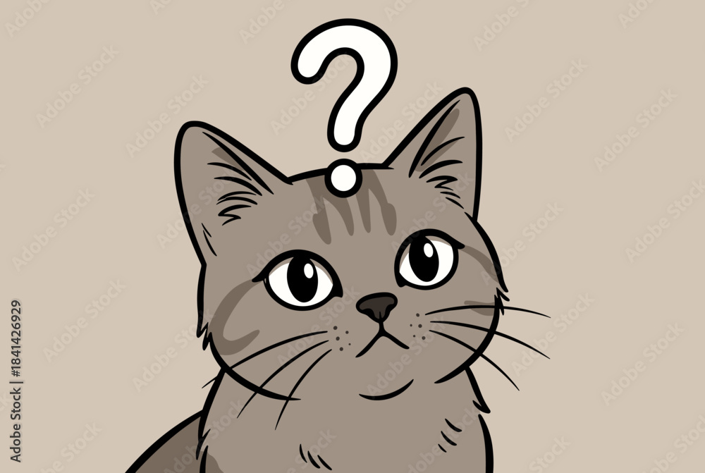 Fototapeta premium A cute cartoon grey tabby cat looking confused with a white question mark above its head.