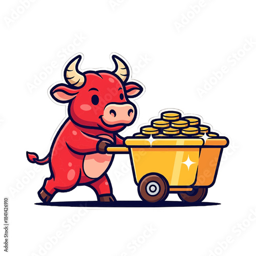 A cartoon illustration of a bull pushing a cart filled with gold coins isolated on a transparent background