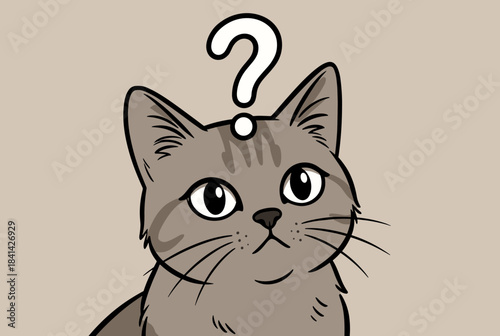 A cute cartoon grey tabby cat looking confused with a white question mark above its head.