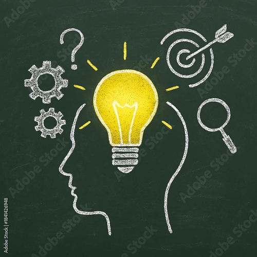 Chalk drawing of human head silhouette with lightbulb idea concept