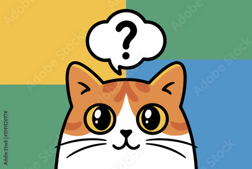 Cute cartoon orange and white cat with big eyes looking confused, with a question mark thought bubble above its head on a colorful background.