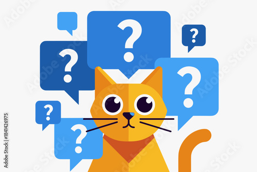 An orange cartoon cat surrounded by blue speech bubbles with white question marks, symbolizing curiosity or confusion.