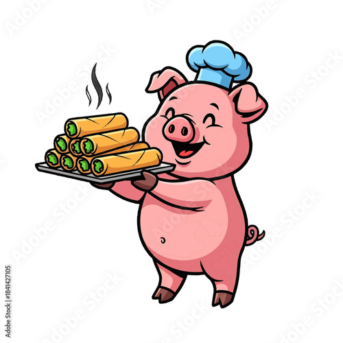 A cheerful pig chef proudly presenting a plate of spring rolls isolated on a transparent background