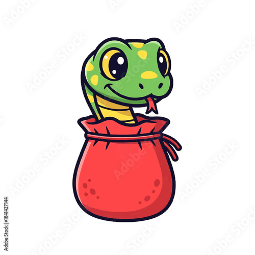 A charming cartoon snake emerging from a vibrant red bag, exuding a friendly demeanor with its cheerful expression. isolated on a transparent background