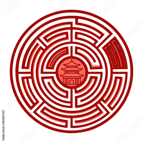 A circular red maze with a pagoda at its center. The image is an illustration of a complex maze, challenging to navigate isolated on a transparent background