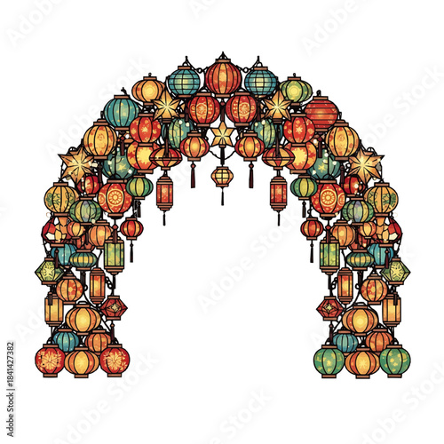 A collection of colorful lanterns arranged in a festive archway, illuminated in a welcoming display. These vibrant lanterns create a beautiful arch. isolated on a transparent background