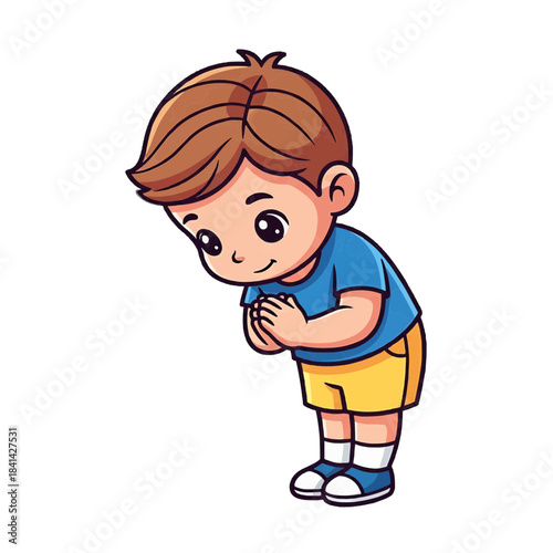 An illustration of a young boy performing a respectful gesture. The boy has brown hair and is wearing a blue shirt and yellow shorts. isolated on a transparent background