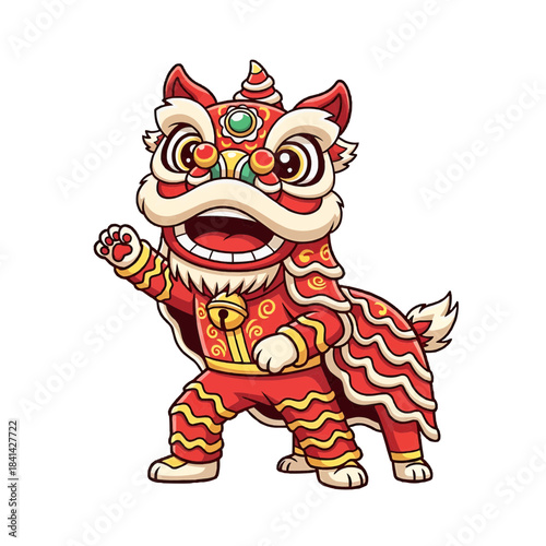 A vibrant and dynamic illustration of a traditional lion dance performance. The lion is adorned in red and gold attire, it is posed in mid-motion  isolated on a transparent background