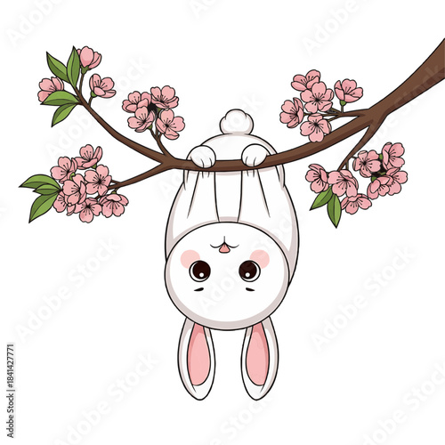 A cartoon bunny hanging upside down from a tree branch with blossoms isolated on a transparent background