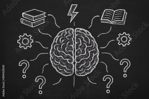 Chalk drawing of brain processing ideas and questions