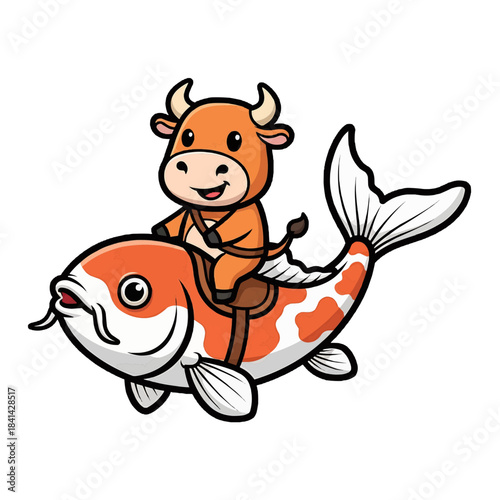 An Illustration of a cartoon ox riding on a koi fish in the sky isolated on a transparent background
