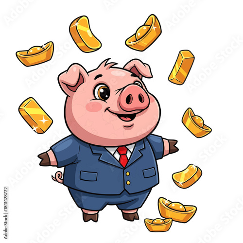 A cartoon pig wearing a suit with gold ingot and money. The pig is smiling and surrounded by gold.  isolated on a transparent background