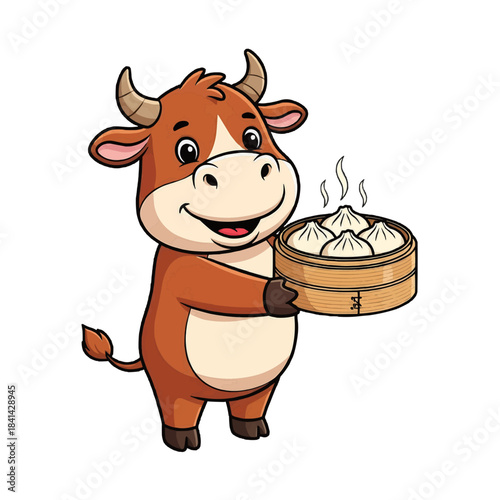 A cartoon cow happily holding a dim sum, perfect for any food-related project isolated on a transparent background