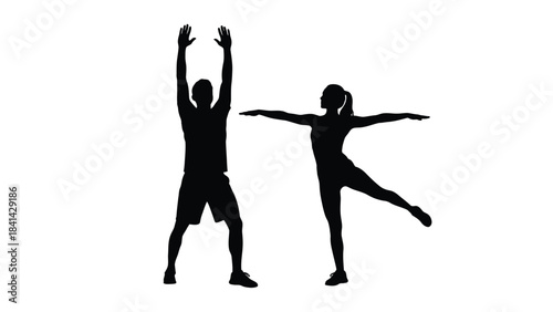 Silhouette of a man and a woman exercising, performing warmup or stretching movements