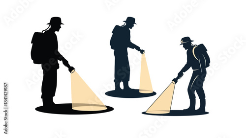 Three silhouettes of hikers or explorers with flashlights illuminating ground in different poses