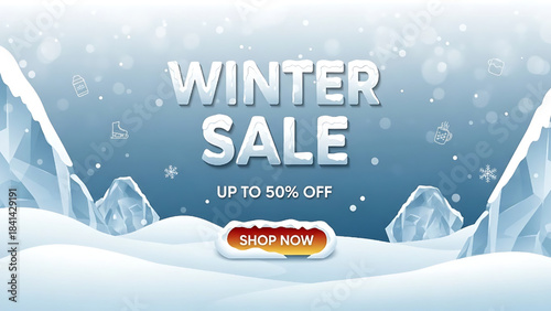 Illustrative 3D Winter Sale Banner with Snowy Mountains and Shop Now Button