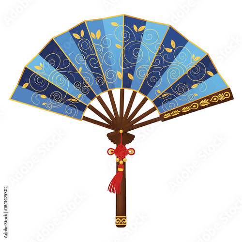 An artistic illustration of a folding fan with an oriental flair, featuring intricate patterns and designs. The fan has a wooden handle and a vibrant color scheme isolated on a transparent background