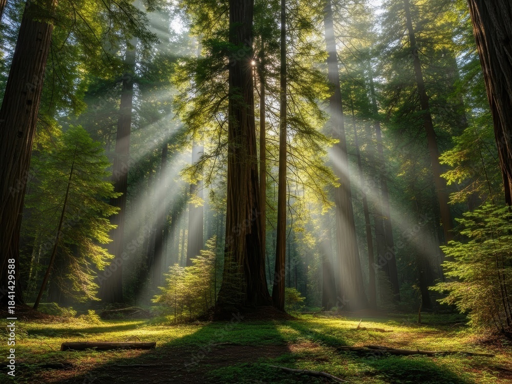 Obraz premium Sunbeams Through Misty Green Forest God Rays