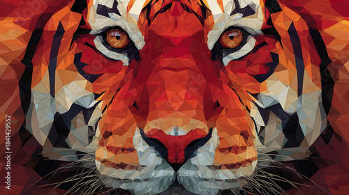 A close-up of a vibrant geometric tiger, rendered in a striking mosaic style. The tiger's intense gaze and geometric form create a captivating aesthetic