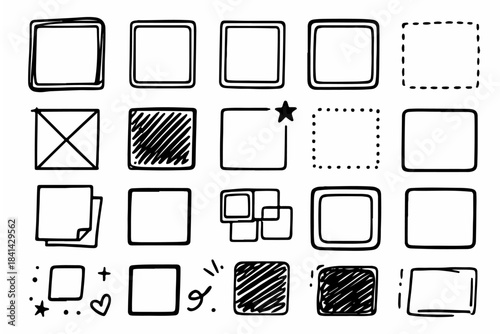 Hand-drawn doodle vector set of scribble squares, created in a fun, sketchy style, isolated on white background
