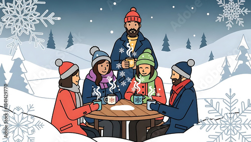 Family Drinking Hot Chocolate in the Snow