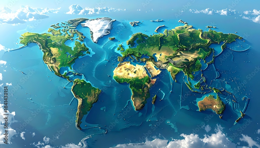 Fototapeta premium A world map rendered with detailed terrain against a bright blue ocean and cloudy skies