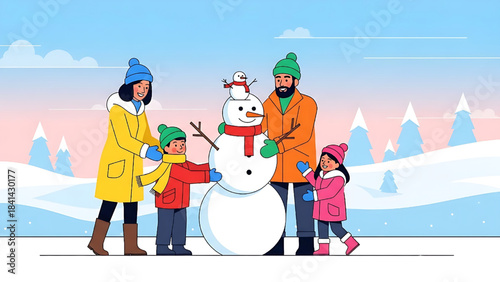 Dad, Mom, and Kids Building a Snowman
