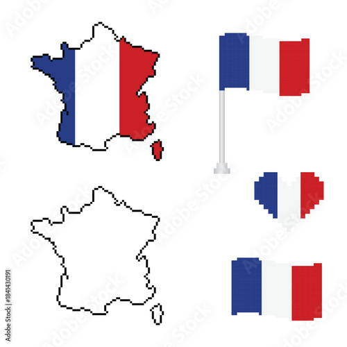 pixel art France French map and flag 8 bit vector icon for computer game logo	