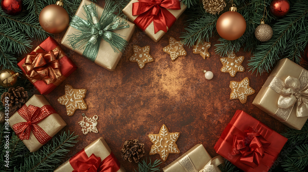 Obraz premium Holiday Celebration Flat Lay with Christmas Cookies, Gifts, and Decorations