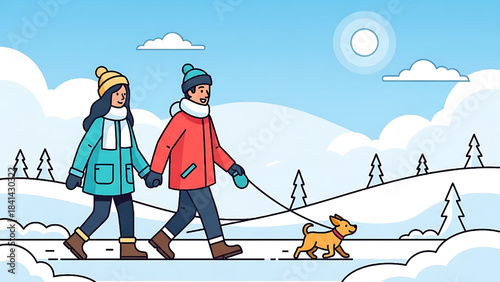 Happy couple walking their dog in a snowy winter landscape vector illustration