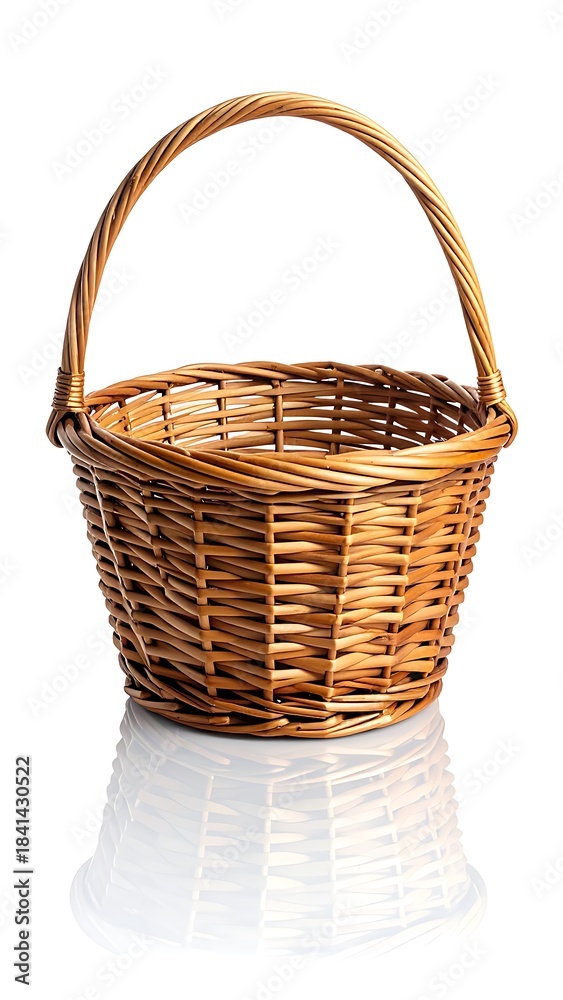 Obraz premium A woven, light brown, wicker basket with a tall arched handle sits on a reflective white surface