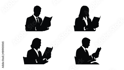 Silhouettes of business people reading documents or books in various poses