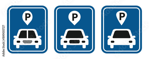 Blue , black parking sign with white letter p, traffic and road symbol, urban street design, icon for transportation and public spaces, isolated on white background