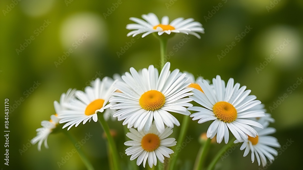 Obraz premium Fresh daisies in a simple bouquet, bathed in natural daylight with a soft green backdrop.
