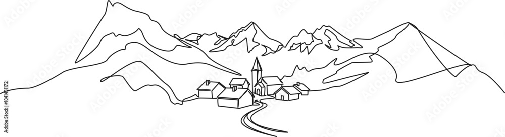 Fototapeta premium continuous line drawing of small mountain village, line art vector illustration