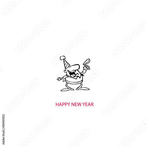 A whimsical cartoon character wearing a party hat, holding a celebratory noisemaker, wishing everyone a Happy New Year with a joyful expression and energetic stance, perfect for holiday greetings
