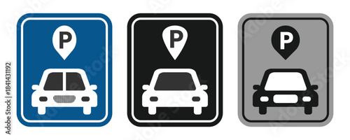 Blue , black parking sign with white letter p, traffic and road symbol, urban street design, icon for transportation and public spaces, isolated on white background