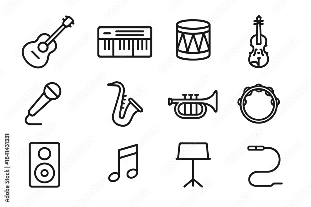Fototapeta premium Musical Instrument Icons. Musical instruments. Line outline icon set of musical instruments: guitar, keyboard,