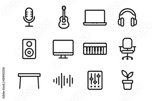 Home Studio Icons. Home studio. Line outline icon set of home studio: microphone, guitar, laptop, headphones,