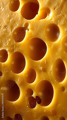 Swiss cheese close up texture with holes, yellow food background