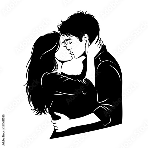 Romantic Couple Kissing Black and White Silhouette Love and Passion.