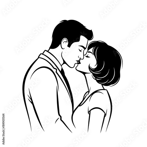 Couple Kissing Tenderly - Romantic Black and White Line Art.