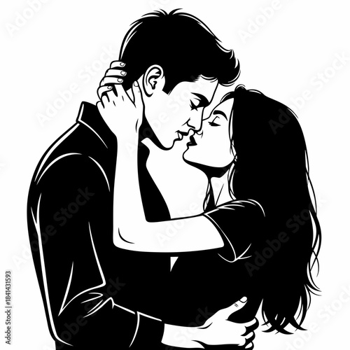 Couple Kissing Romantic Love Black and White Art.